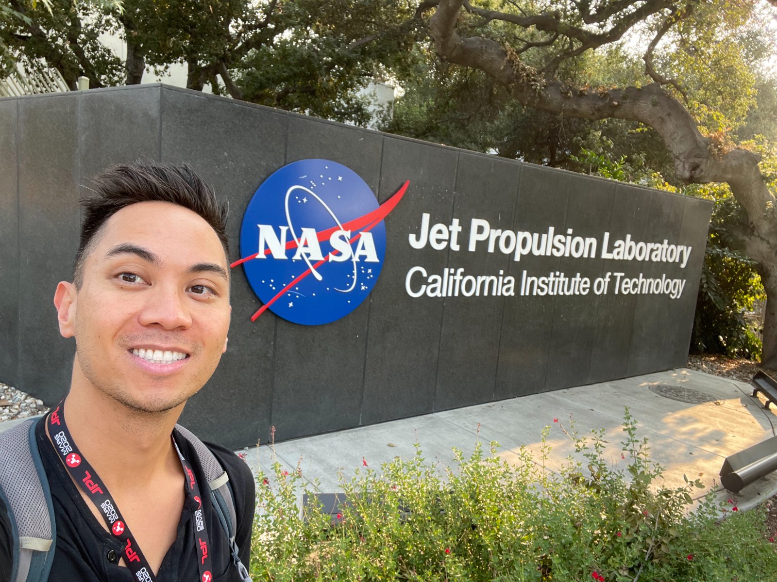Gregory Villar at the NASA Jet Propulsion Laboratory entrance sign